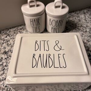 Rae Dunn White Ceramic Bits & Baubles and Canister Set